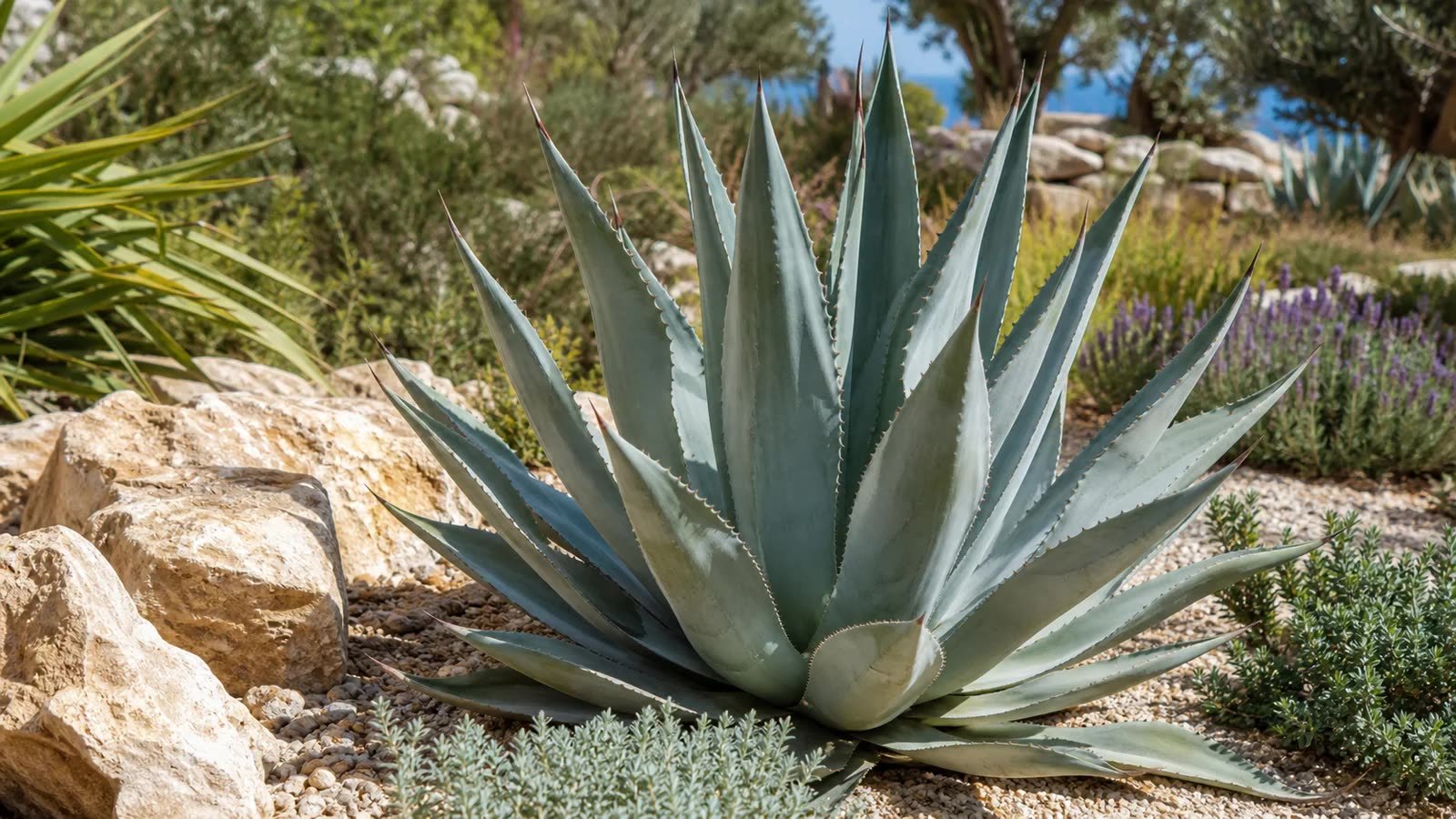 Taşlı Akdeniz bahçesinde mavi yeşil agave rozeti