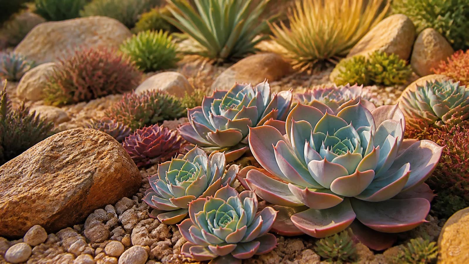 Kaya bahçesinde renkli echeveria sukulent rozetleri