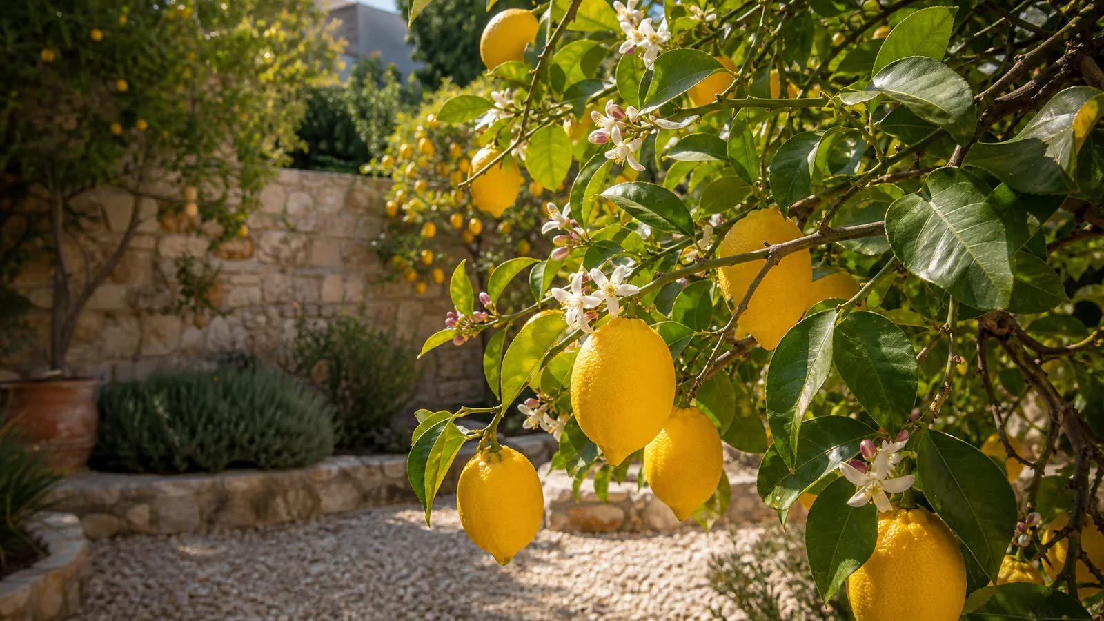 Bahçede yaprak ve meyve taşıyan limon ağacı dalı