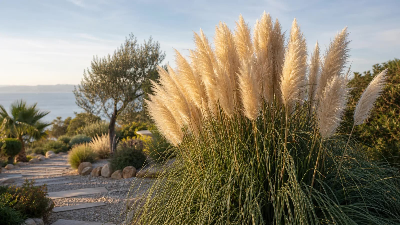Güneşte parlayan tüylü pampas otu başakları