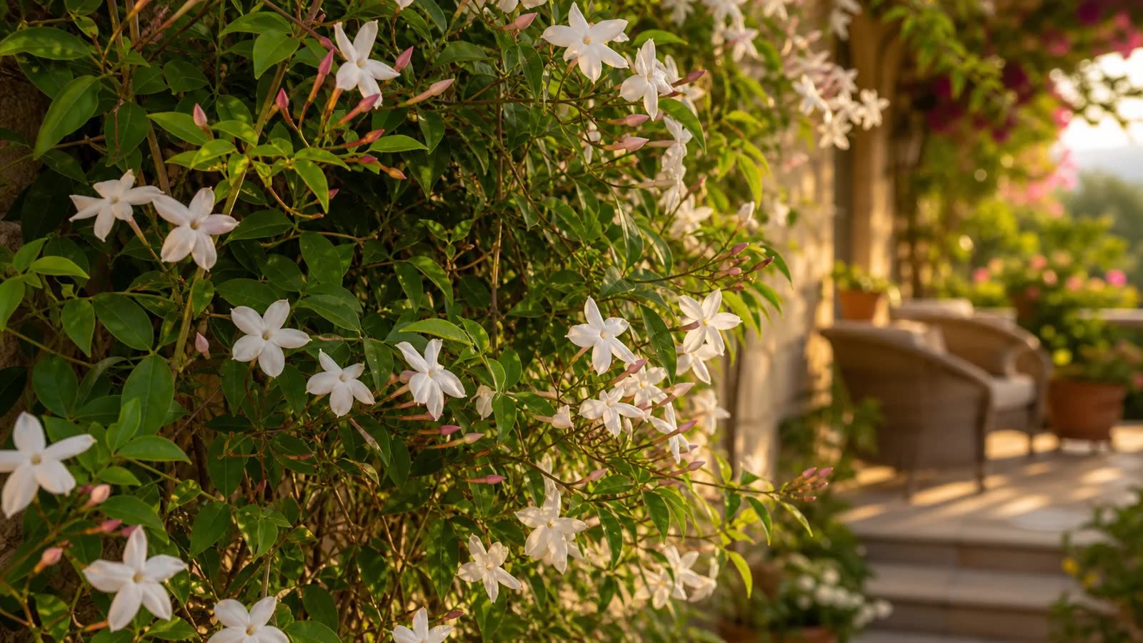 Trellis üzerinde beyaz çiçekli yasemin sarmaşığı