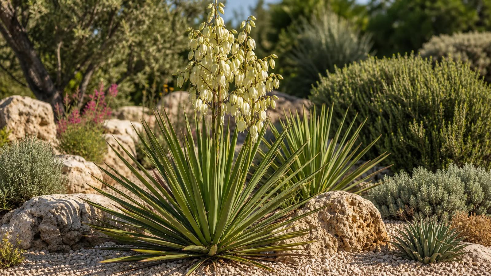 Taşlı bahçede kılıç yapraklı ve beyaz çiçekli yucca