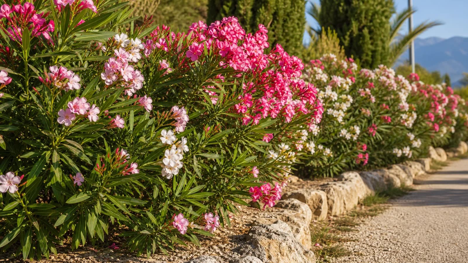 Güneşli bordürde pembe beyaz çiçekli zakkum çalısı