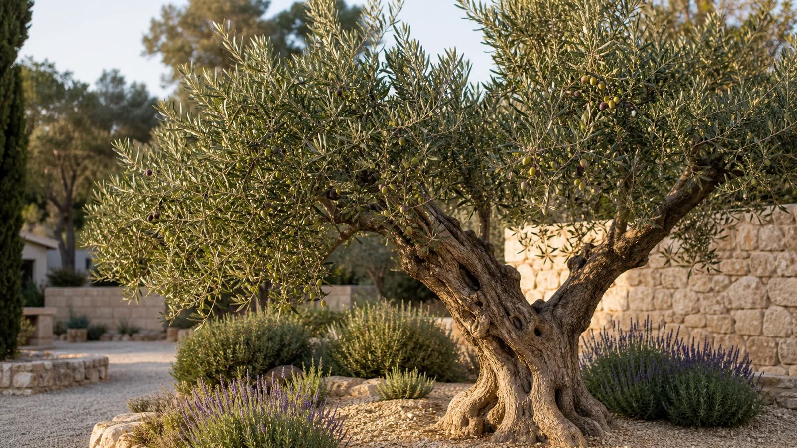 Çakıllı Akdeniz bahçesinde gövdeli zeytin ağacı