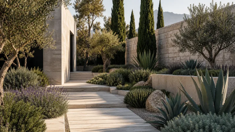 Modern Antalya bahçesinde zeytin servi agave ve lavanta ile kurakçıl peyzaj